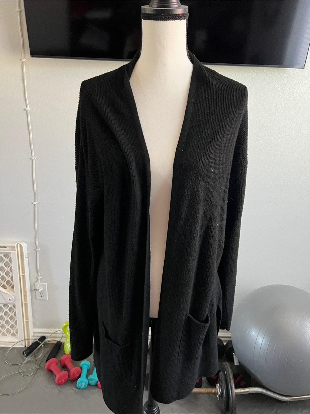 T Tahari Black Open-Front Knit Cardigan with Pockets